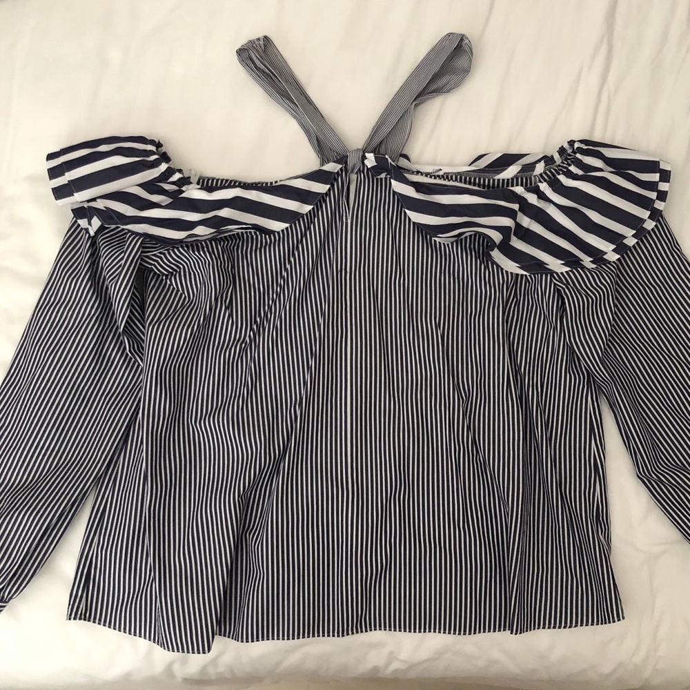 J Crew Striped off-the-shoulder tie-neck top